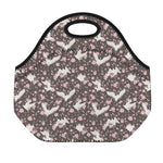 Crane Bird And Flower Pattern Print Neoprene Lunch Bag