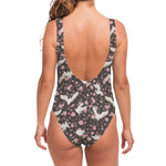 Crane Bird And Flower Pattern Print One Piece Swimsuit
