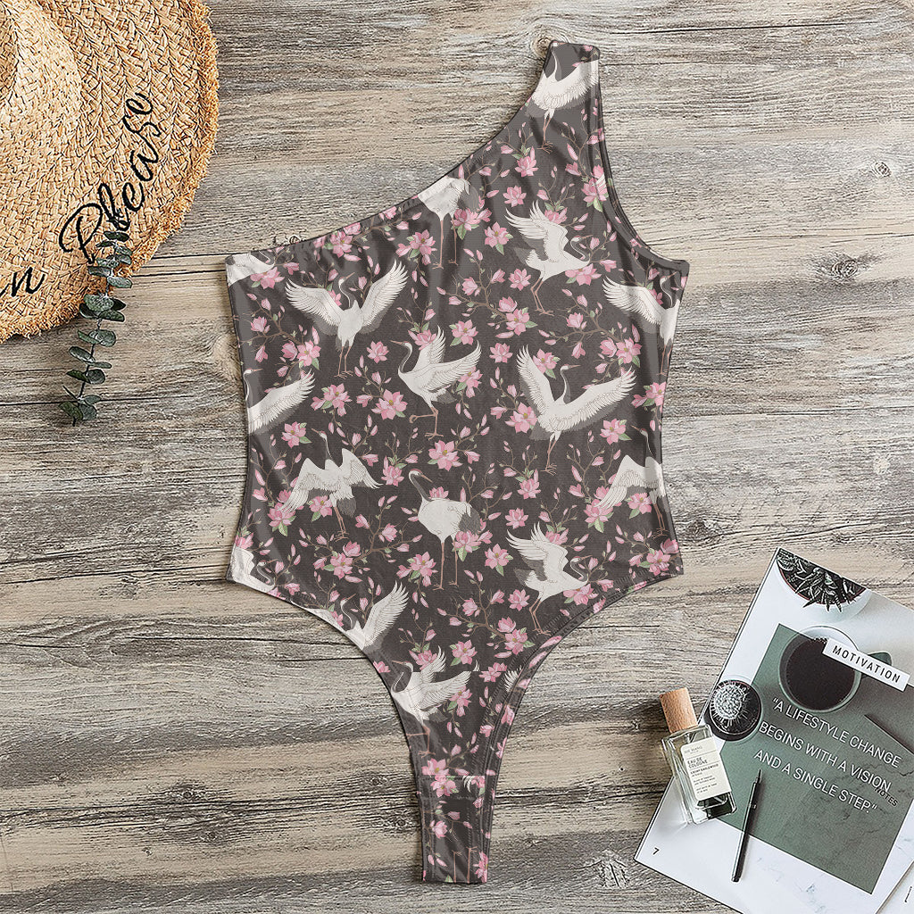 Crane Bird And Flower Pattern Print One Shoulder Bodysuit