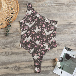 Crane Bird And Flower Pattern Print One Shoulder Bodysuit