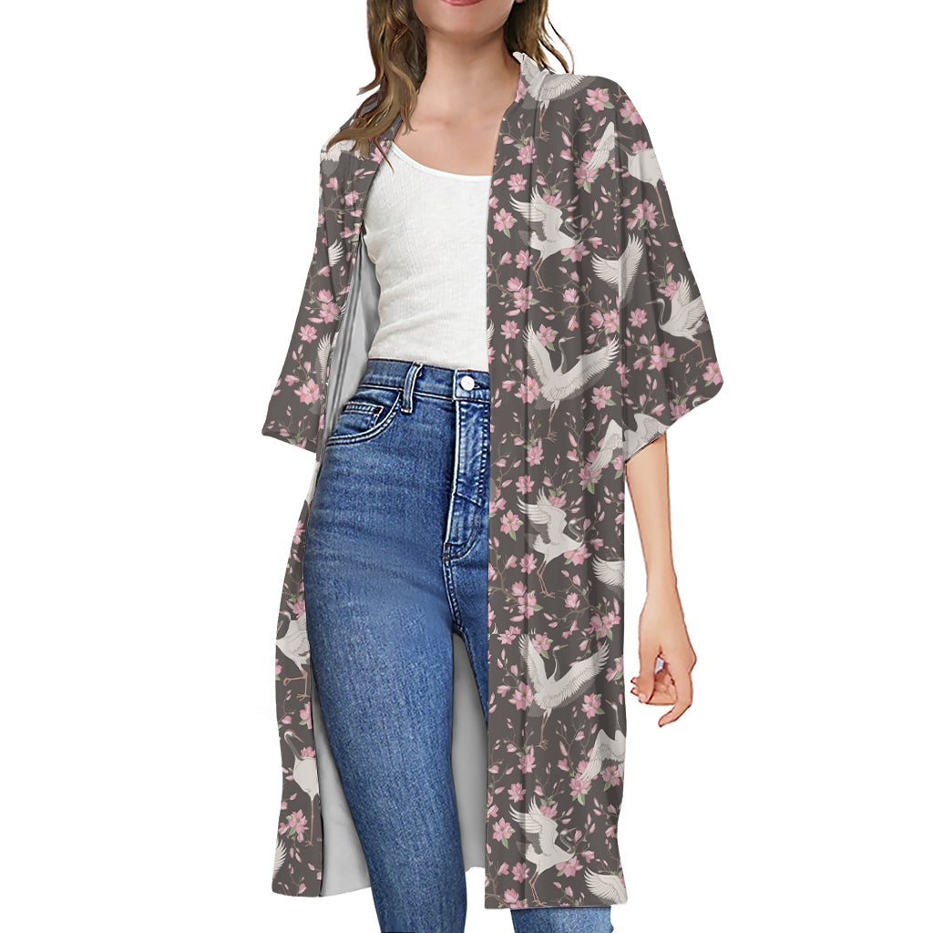 Crane Bird And Flower Pattern Print Open Front Beach Cover Up