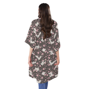 Crane Bird And Flower Pattern Print Open Front Beach Cover Up