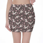 Crane Bird And Flower Pattern Print Pencil Mini Skirt