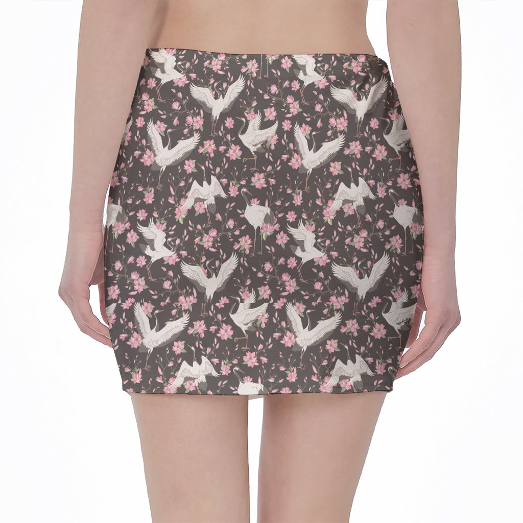 Crane Bird And Flower Pattern Print Pencil Mini Skirt