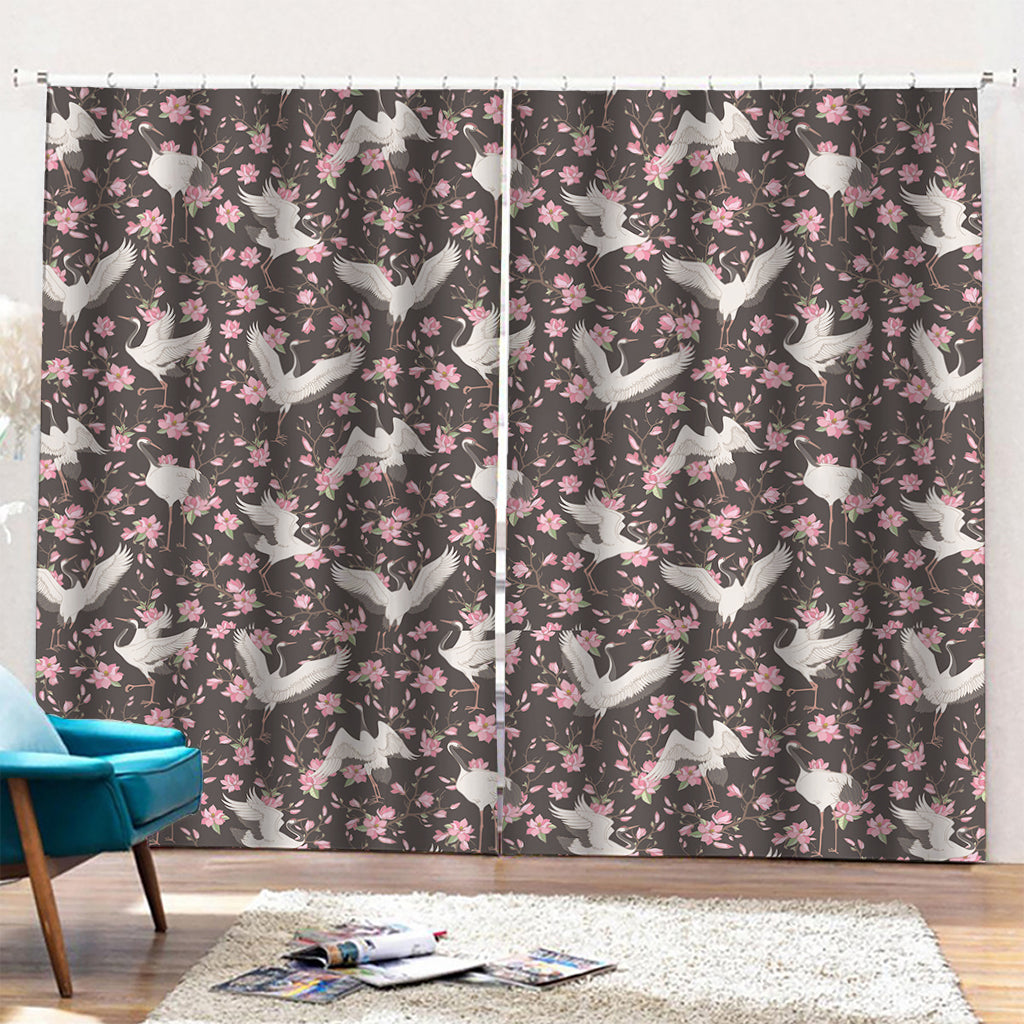 Crane Bird And Flower Pattern Print Pencil Pleat Curtains