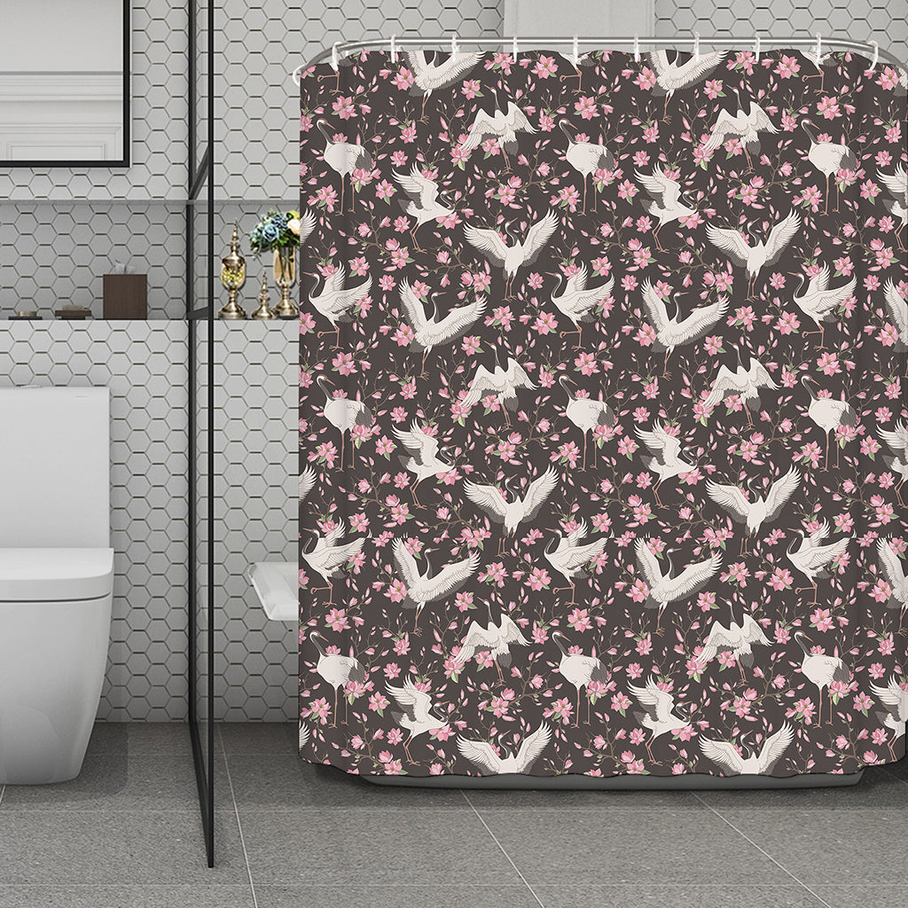 Crane Bird And Flower Pattern Print Polyester Shower Curtain