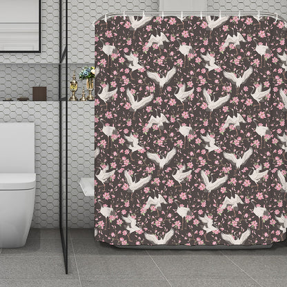 Crane Bird And Flower Pattern Print Polyester Shower Curtain
