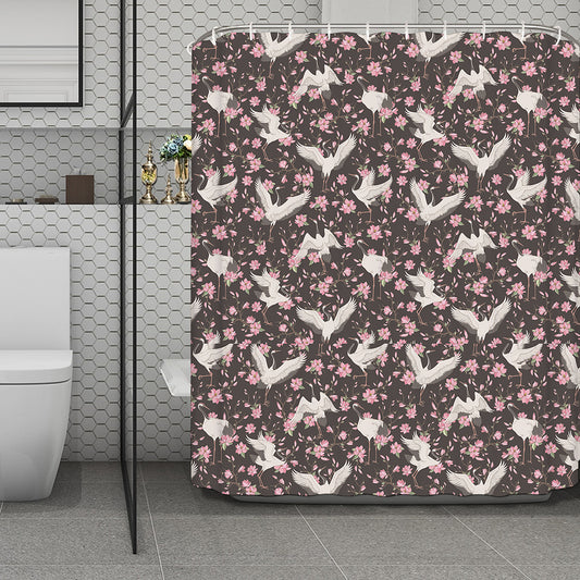 Crane Bird And Flower Pattern Print Polyester Shower Curtain