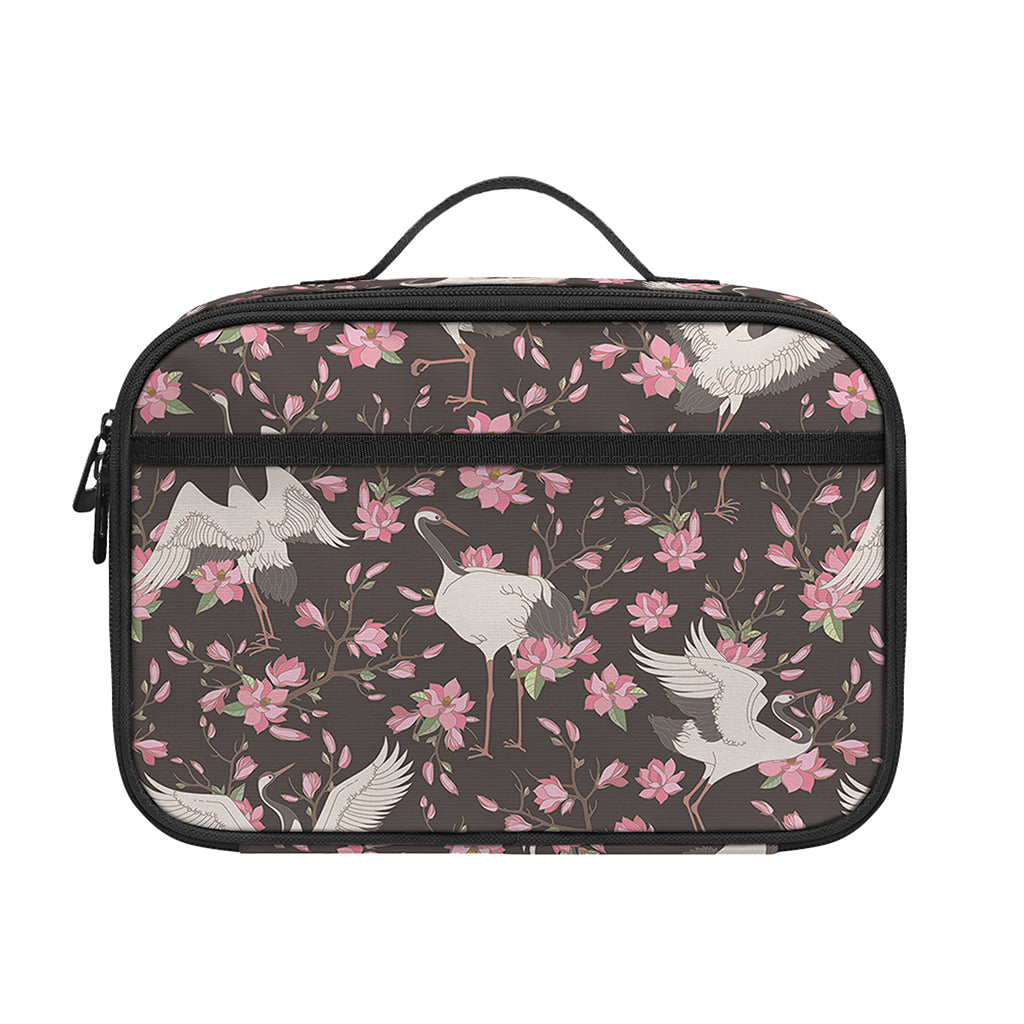 Crane Bird And Flower Pattern Print Portable Lunch Bag