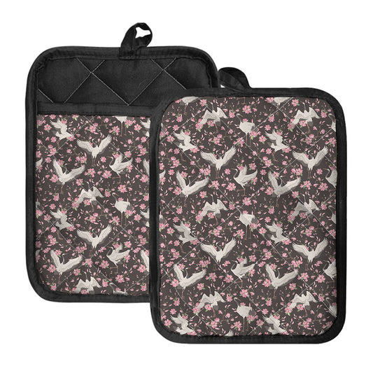 Crane Bird And Flower Pattern Print Pot Holders With Pocket