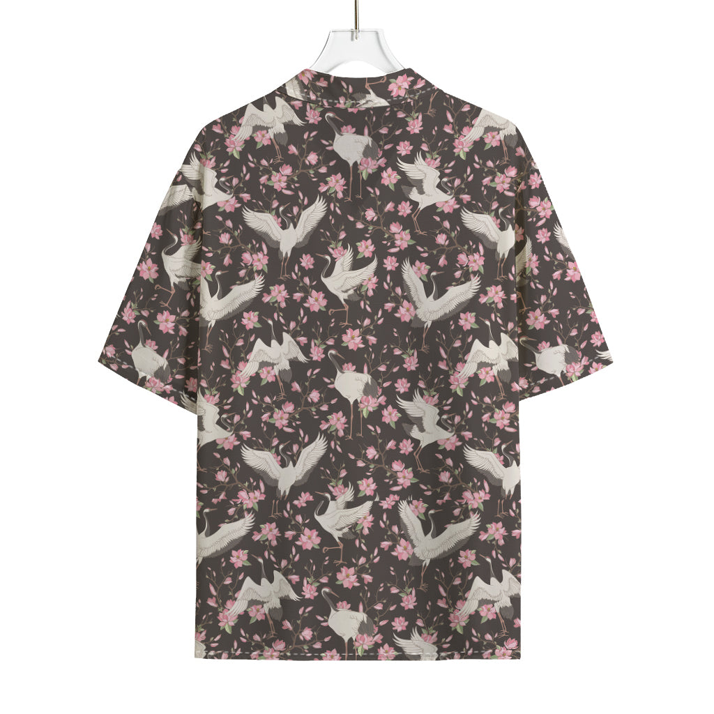 Crane Bird And Flower Pattern Print Rayon Hawaiian Shirt