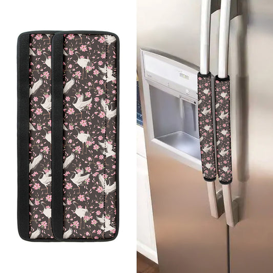 Crane Bird And Flower Pattern Print Refrigerator Handle Covers