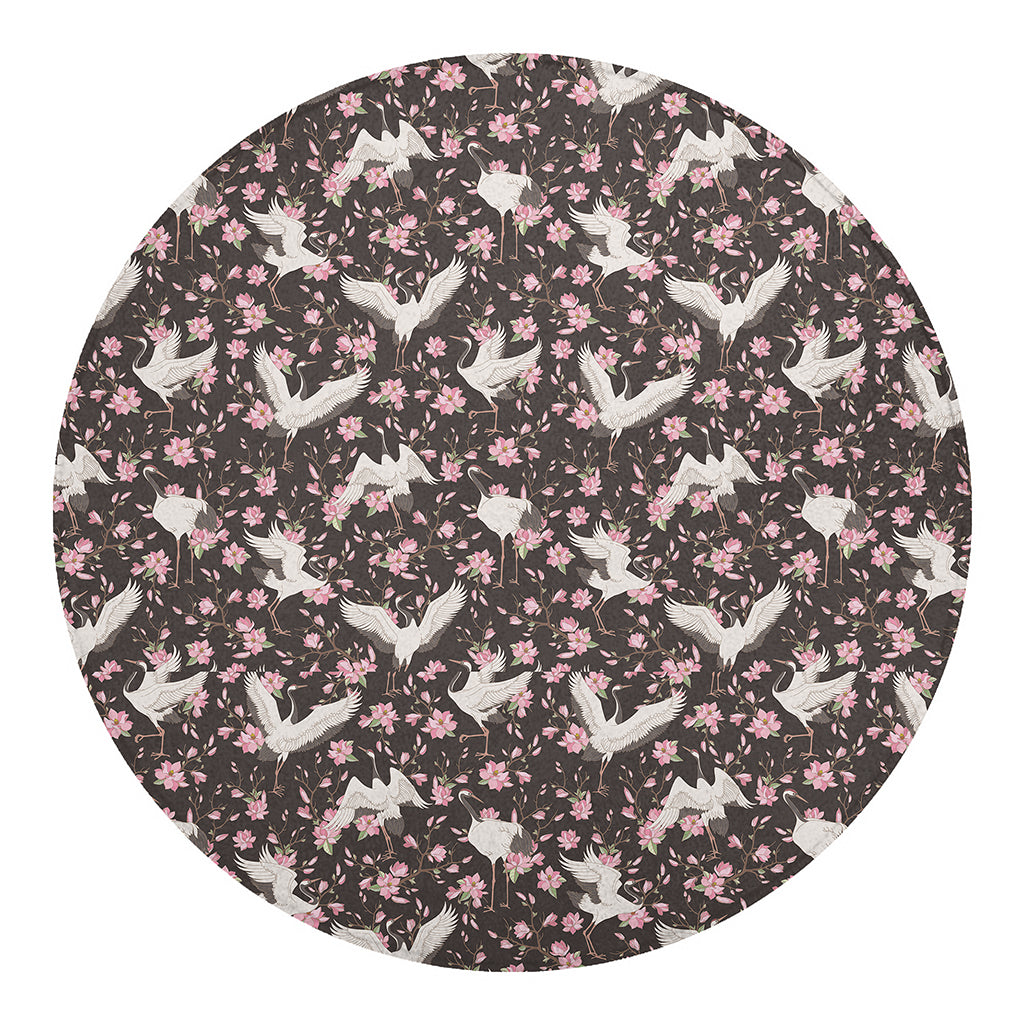 Crane Bird And Flower Pattern Print Round Blanket