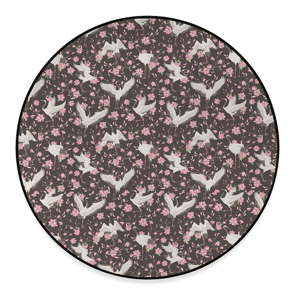 Crane Bird And Flower Pattern Print Round Floor Mat