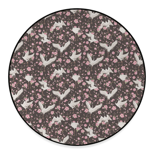 Crane Bird And Flower Pattern Print Round Floor Mat