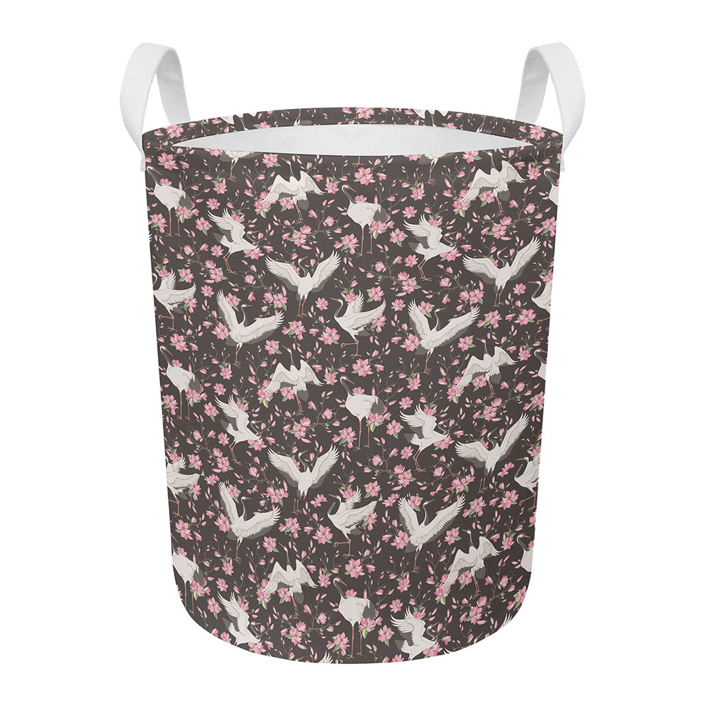 Crane Bird And Flower Pattern Print Round Laundry Basket