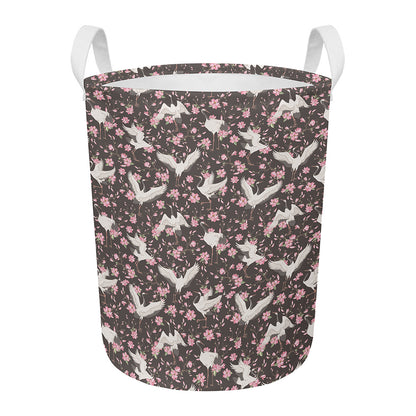 Crane Bird And Flower Pattern Print Round Laundry Basket