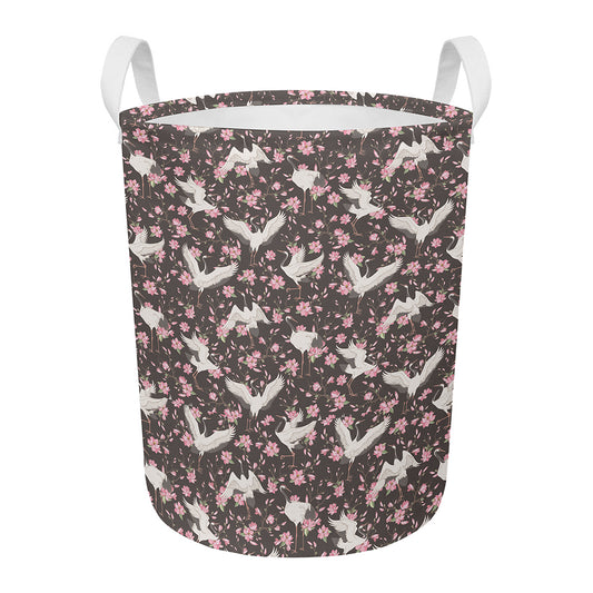 Crane Bird And Flower Pattern Print Round Laundry Basket