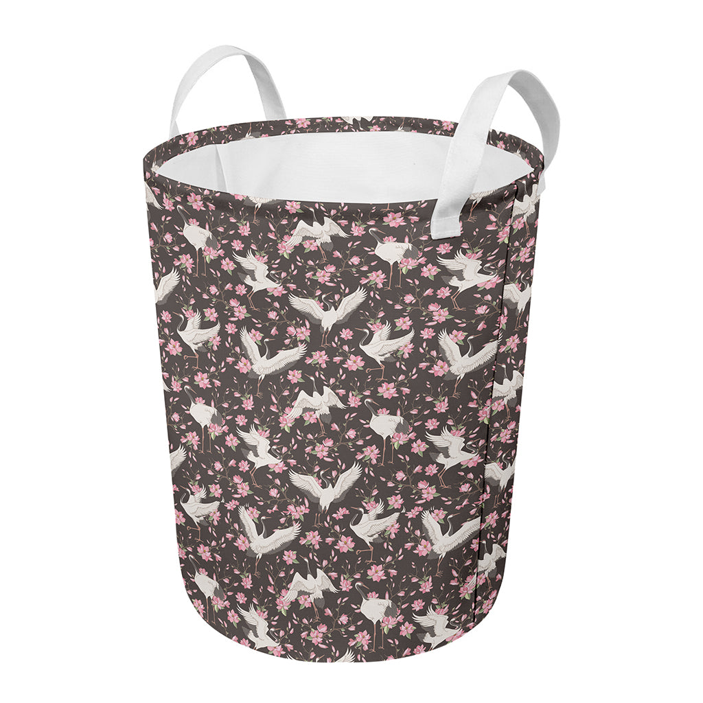 Crane Bird And Flower Pattern Print Round Laundry Basket