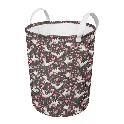 Crane Bird And Flower Pattern Print Round Laundry Basket