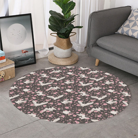 Crane Bird And Flower Pattern Print Round Rug
