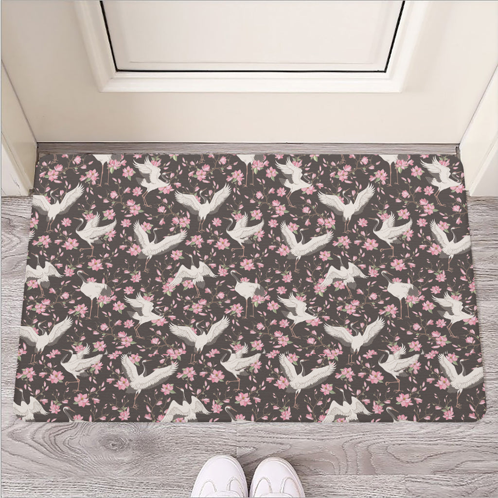 Crane Bird And Flower Pattern Print Rubber Doormat