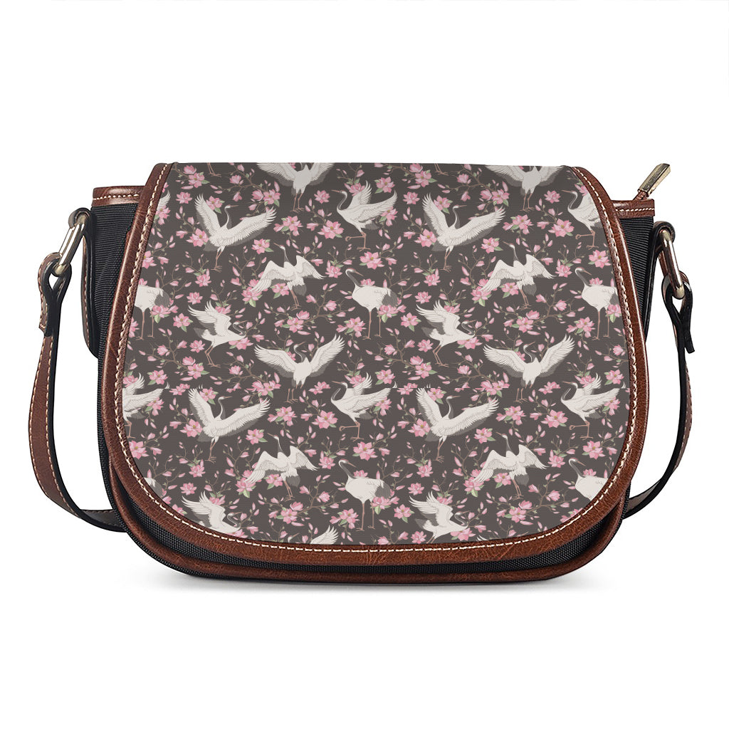 Crane Bird And Flower Pattern Print Saddle Bag