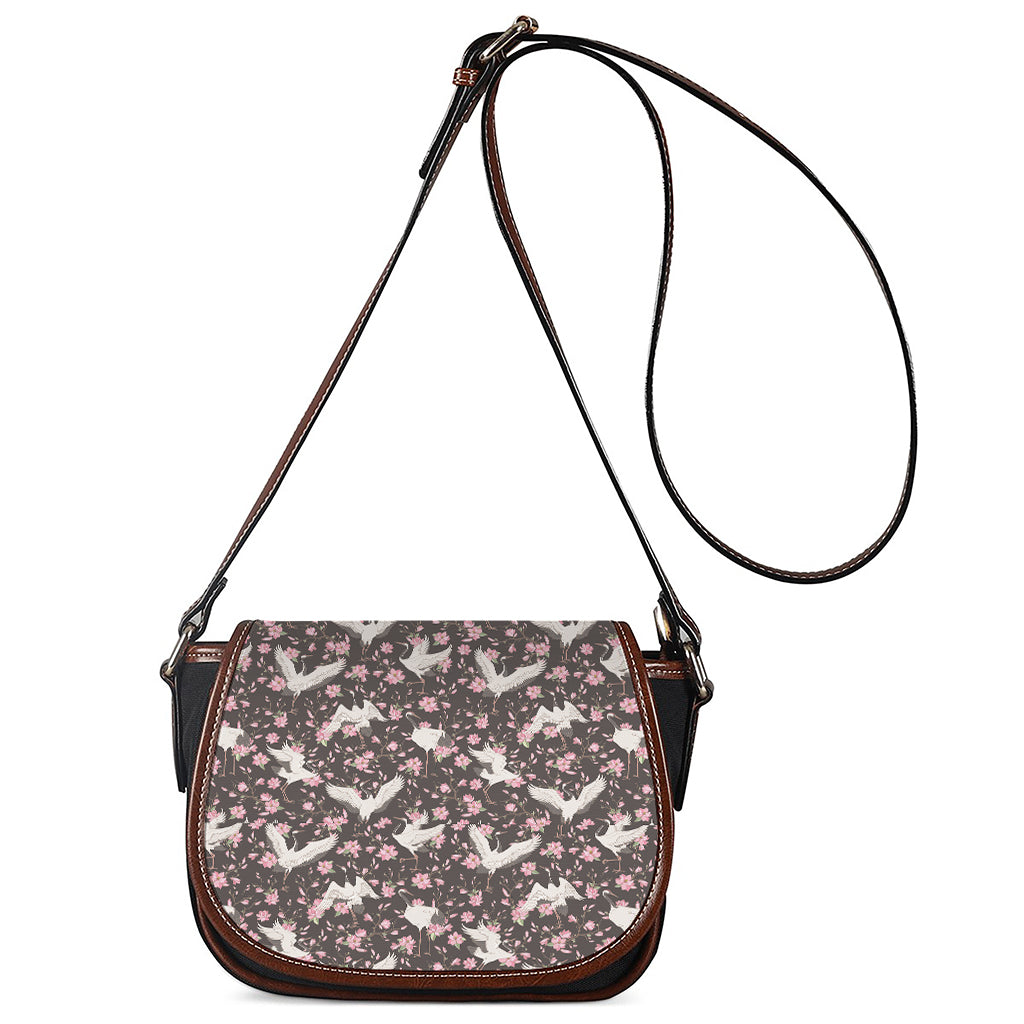 Crane Bird And Flower Pattern Print Saddle Bag