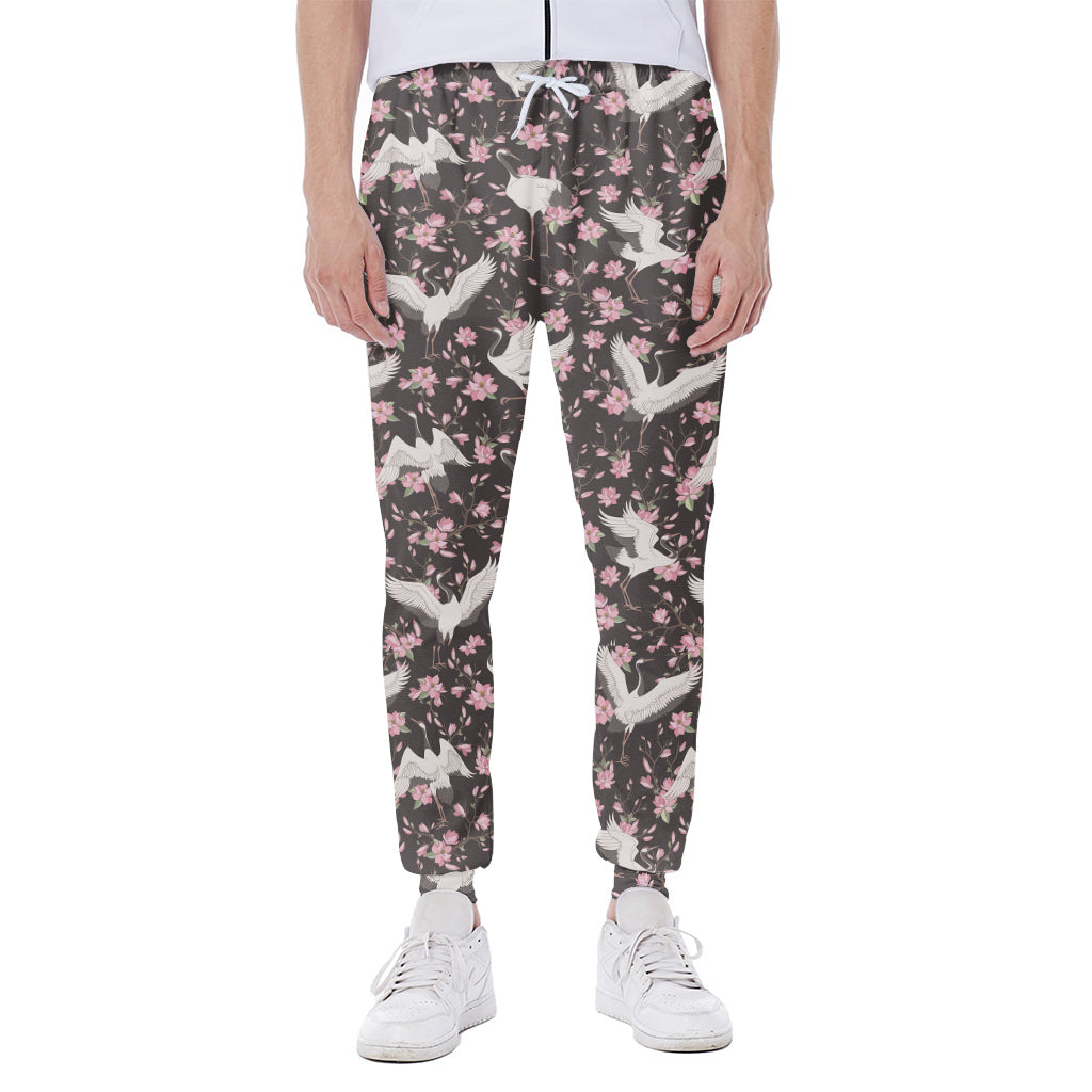 Crane Bird And Flower Pattern Print Scuba Joggers