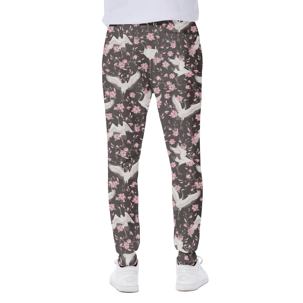 Crane Bird And Flower Pattern Print Scuba Joggers