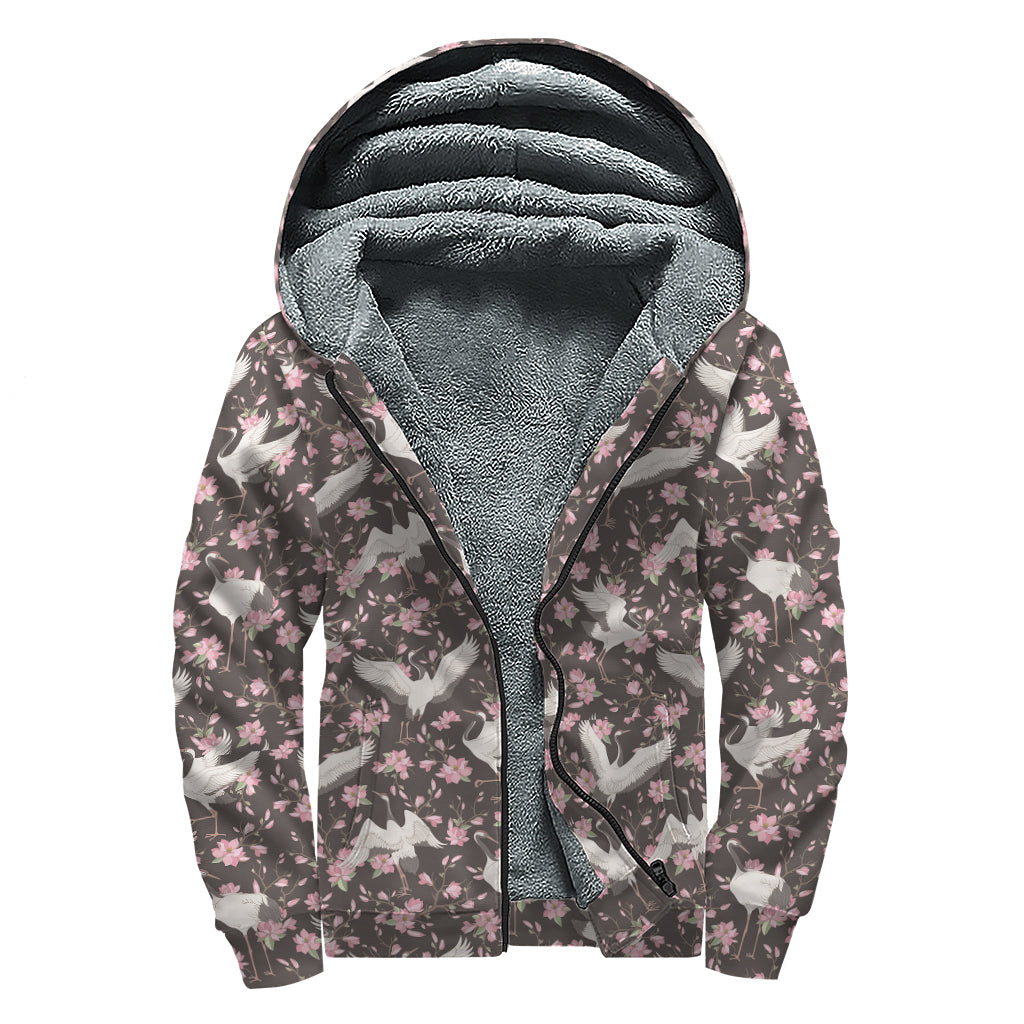 Crane Bird And Flower Pattern Print Sherpa Lined Zip Up Hoodie