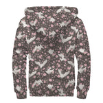 Crane Bird And Flower Pattern Print Sherpa Lined Zip Up Hoodie