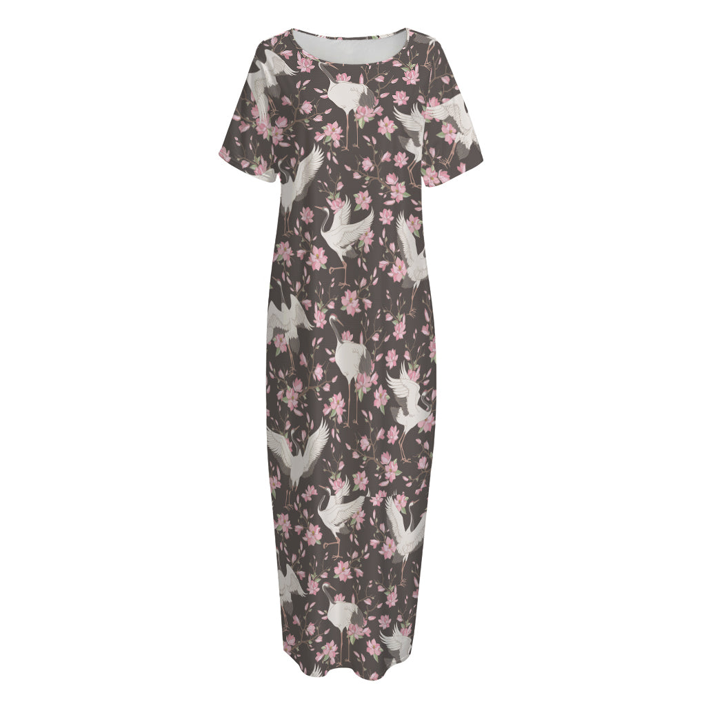 Crane Bird And Flower Pattern Print Short Sleeve Long Nightdress