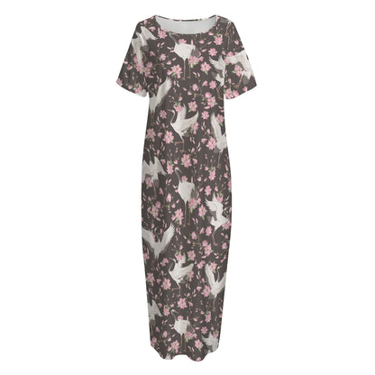 Crane Bird And Flower Pattern Print Short Sleeve Long Nightdress