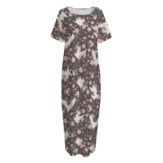 Crane Bird And Flower Pattern Print Short Sleeve Long Nightdress