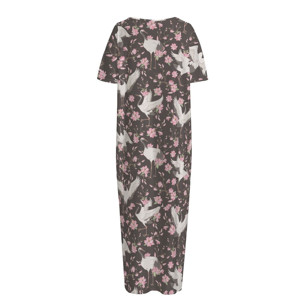 Crane Bird And Flower Pattern Print Short Sleeve Long Nightdress