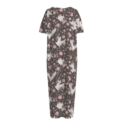 Crane Bird And Flower Pattern Print Short Sleeve Long Nightdress