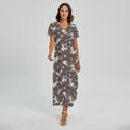 Crane Bird And Flower Pattern Print Short Sleeve Maxi Dress