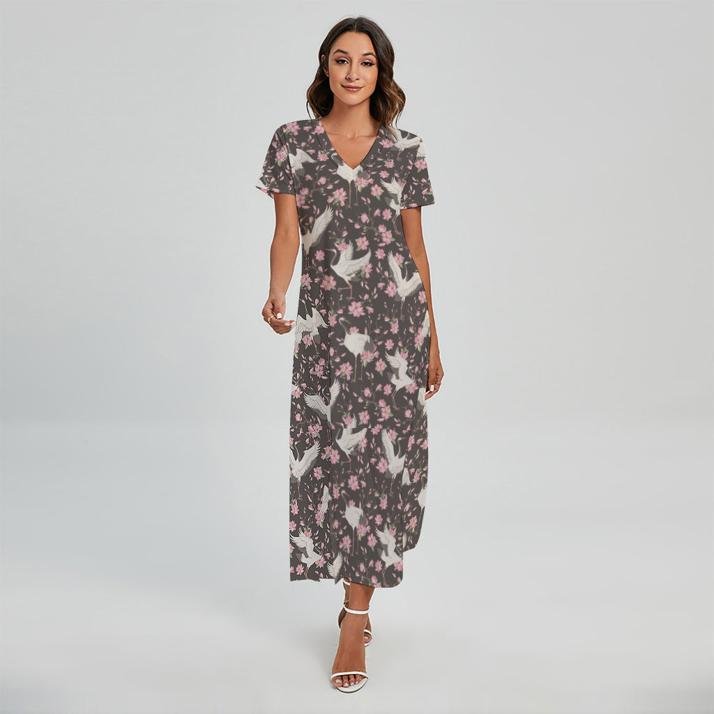 Crane Bird And Flower Pattern Print Short Sleeve Maxi Dress