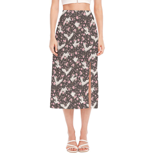 Crane Bird And Flower Pattern Print Side Slit Midi Skirt