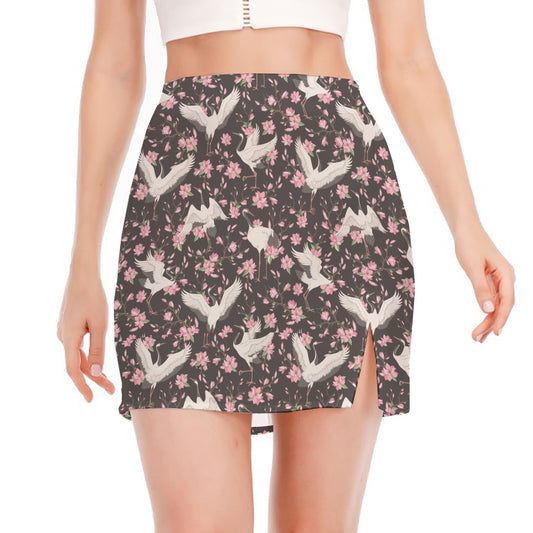Crane Bird And Flower Pattern Print Side Slit Mini Skirt
