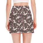 Crane Bird And Flower Pattern Print Side Slit Mini Skirt