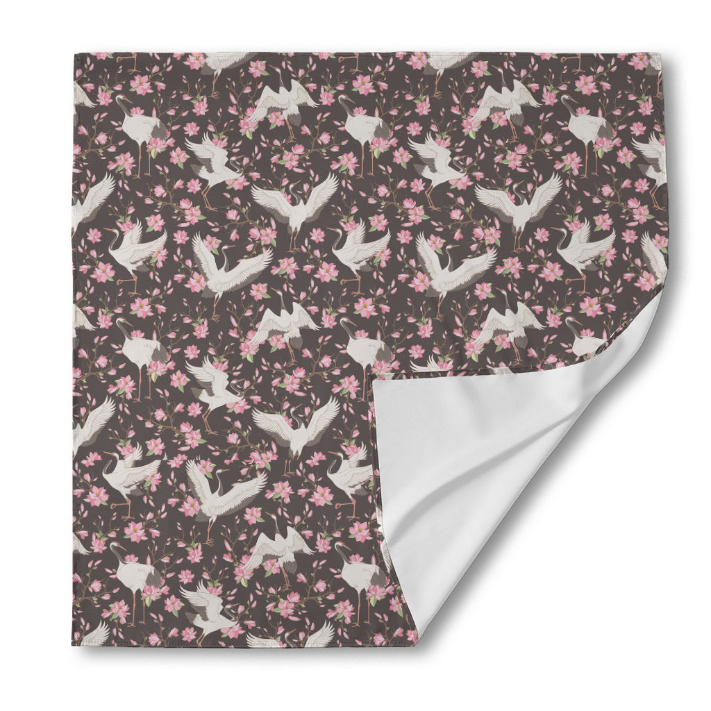 Crane Bird And Flower Pattern Print Silk Bandana