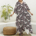 Crane Bird And Flower Pattern Print Silk V-Neck Kaftan Dress