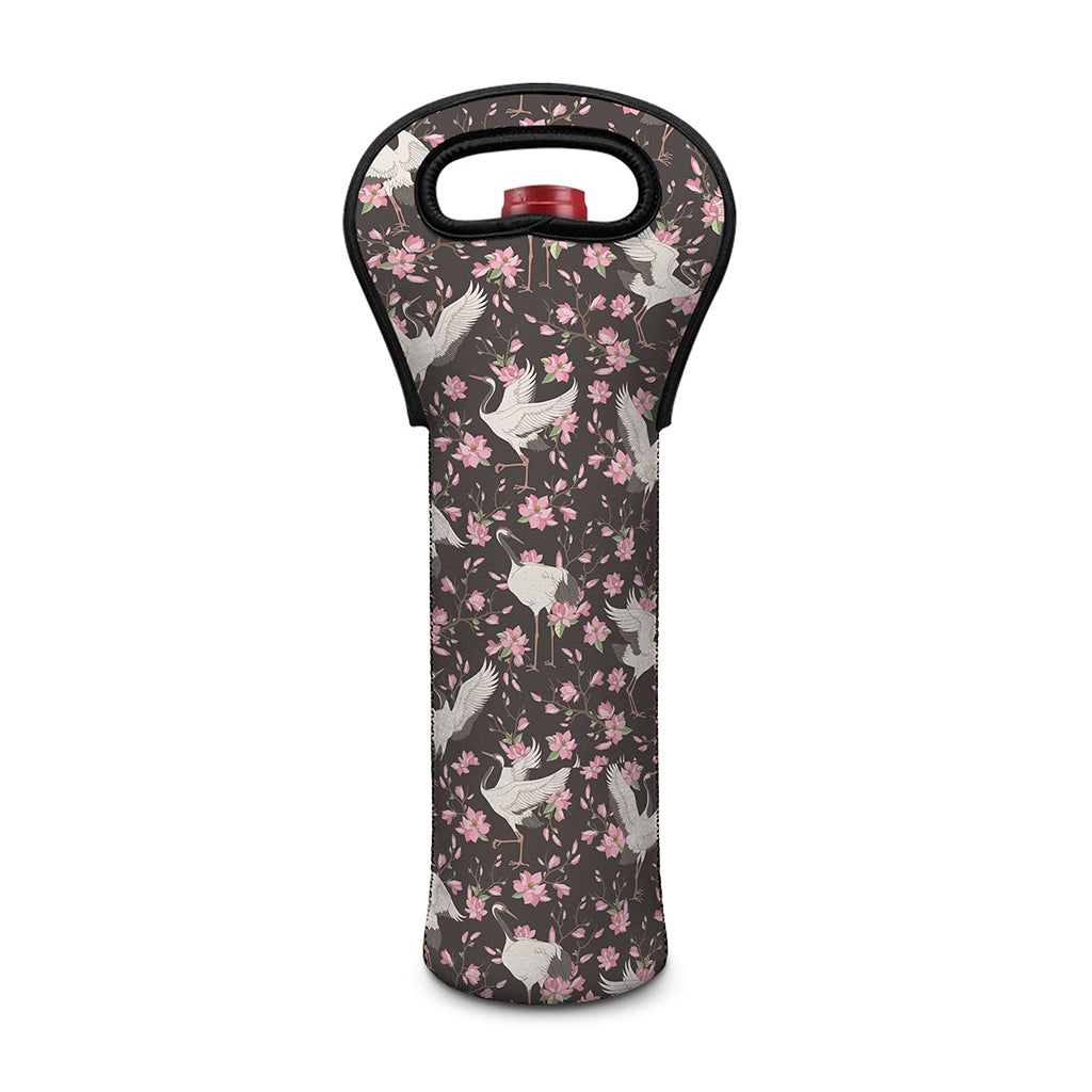 Crane Bird And Flower Pattern Print Single Neoprene Wine Tote