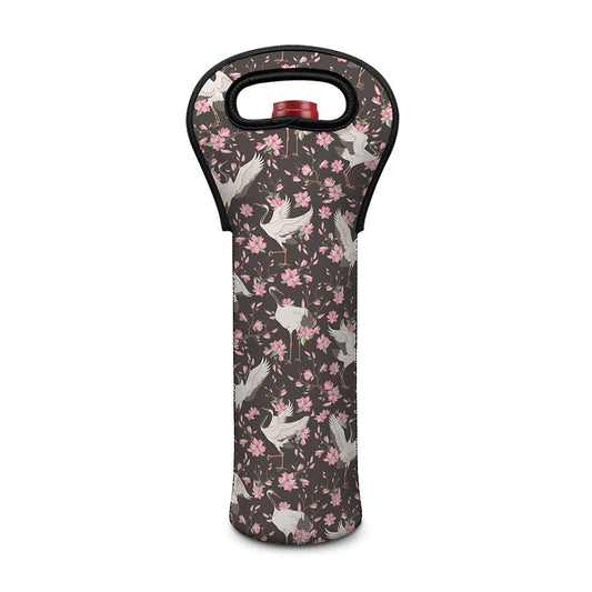 Crane Bird And Flower Pattern Print Single Neoprene Wine Tote