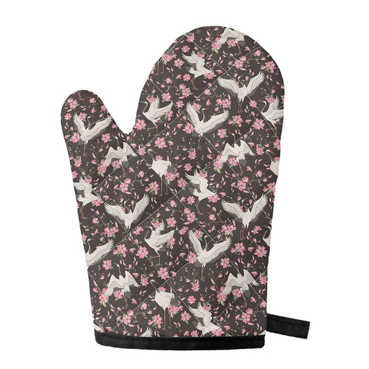 Crane Bird And Flower Pattern Print Single Oven Mitt