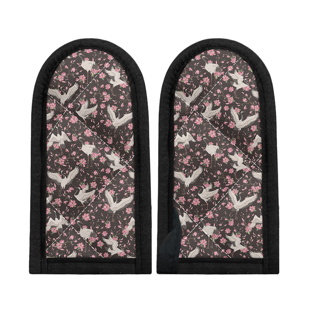 Crane Bird And Flower Pattern Print Skillet Handle Cover