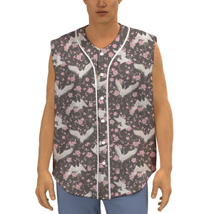 Crane Bird And Flower Pattern Print Sleeveless Baseball Jersey