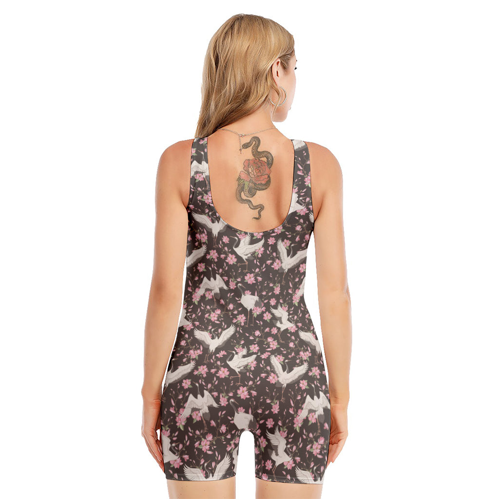 Crane Bird And Flower Pattern Print Sleeveless One Piece Swimsuit